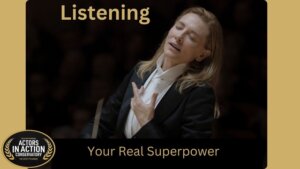 Acting lessons. Female Actress learning how to act. Listening to your real super power.